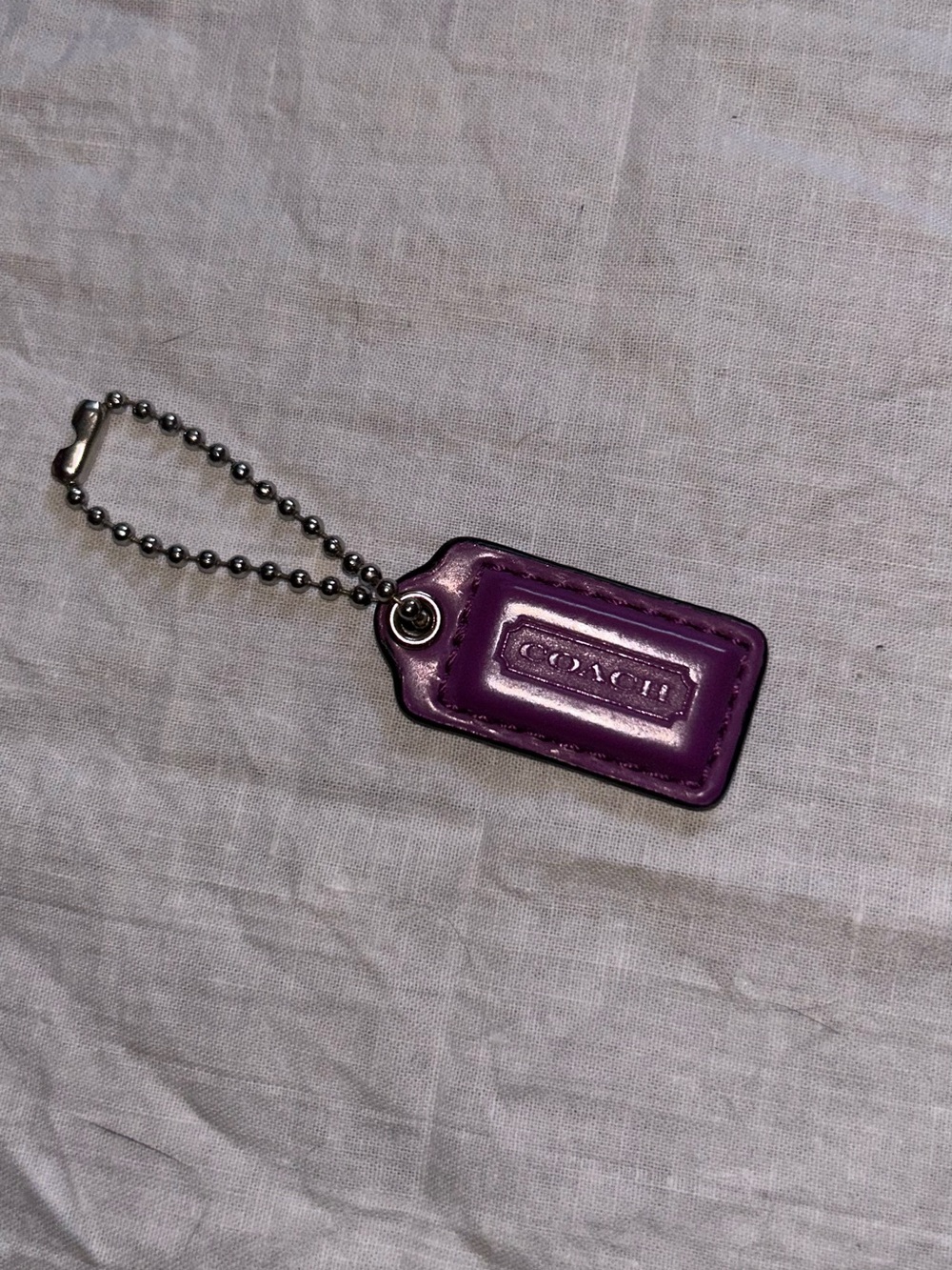 COACH Purple Leather Tag Keychain with Silver Ball Chain